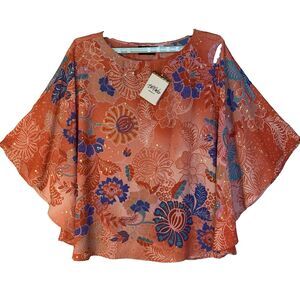 Bob Mackie Wearable Art Top Womens XL Orange Blue Floral Sequined Artsy NEW